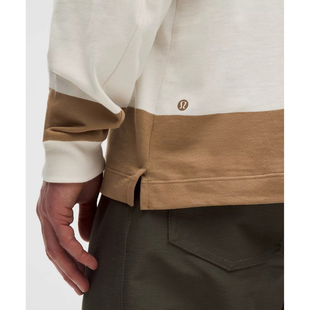 Lululemon-Long-Sleeve Cotton Rugby Shirt-Wide Stripe Camel Brown Coconut Ivory - Picture 5 of 9
